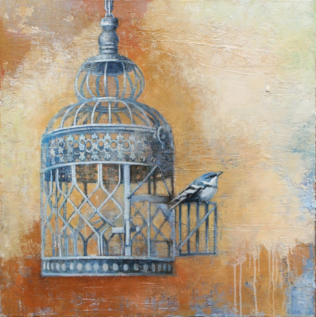 A grey bird and cage painting