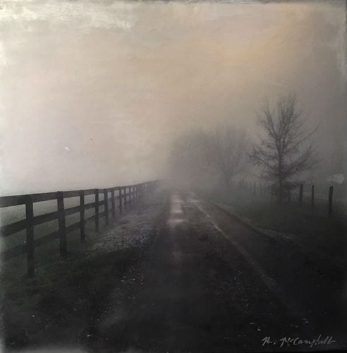 "Lone Road," Archival photo, oil and encaustic wax on wood panel, 18" x 24" by Rachael McCampbell © 2016