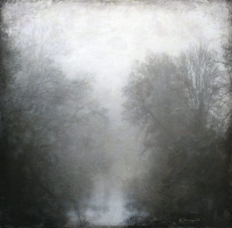 "Misty Harpeth." Archival photo, oil and encaustic wax on wood panel, 40" x 40" by Rachael McCampbell © 2016