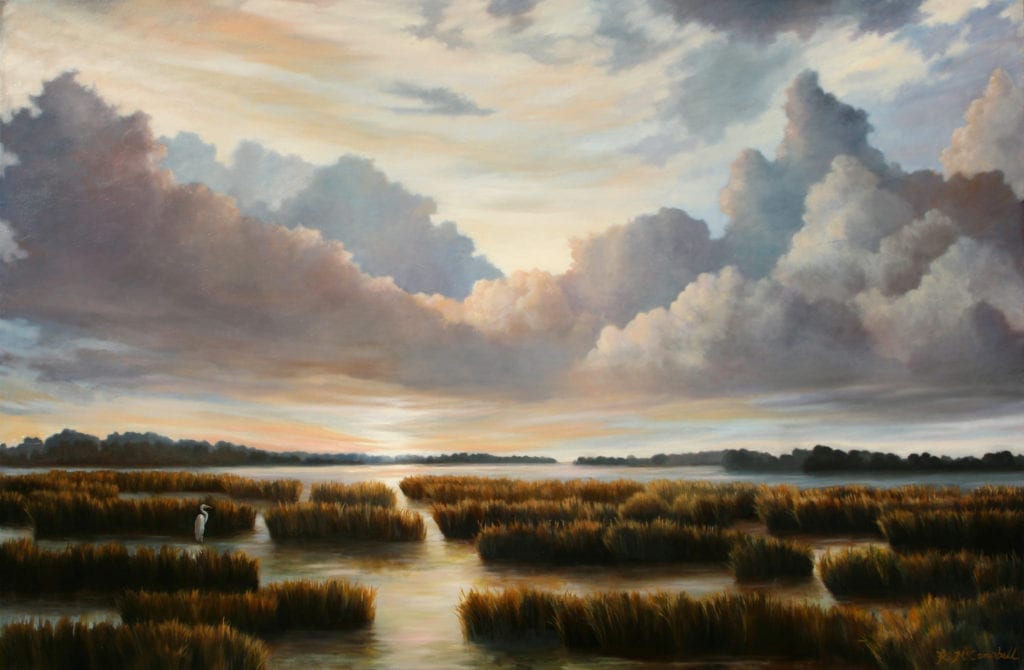 A painting of a grassy wetland