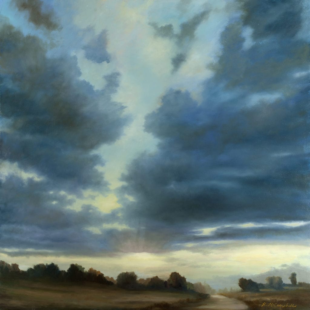 A cloudy sky above a countryside painting
