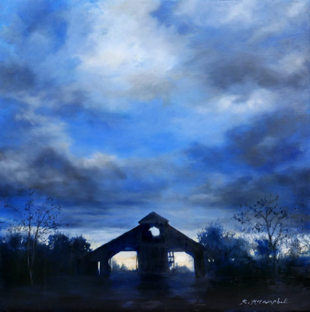A painting of a ruined building at dark