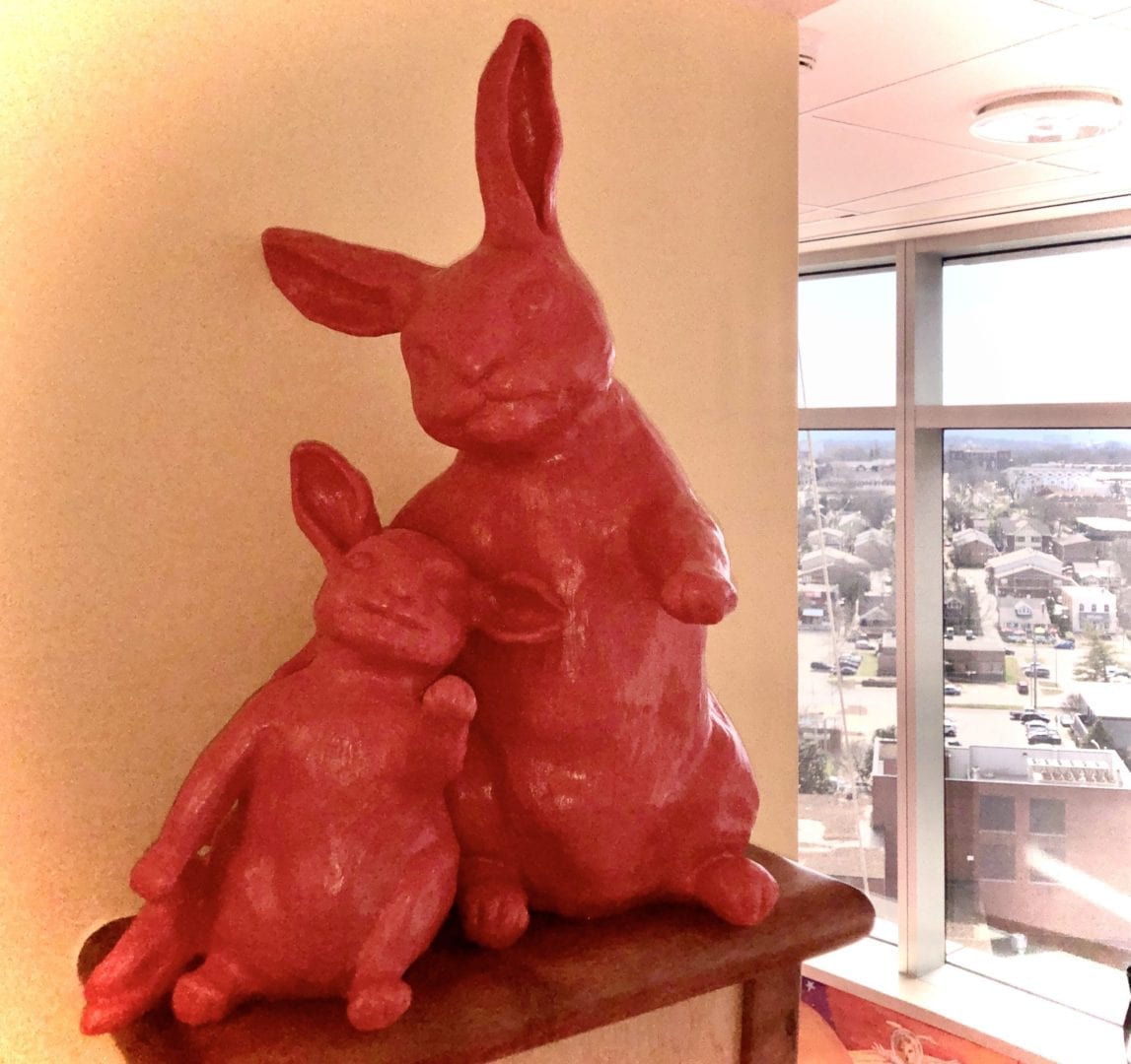 Mama and baby bunny sculpture by elevator on the 11th floor of Vanderbilt Children's Hospital. Art by Rachael McCampbell © 2020