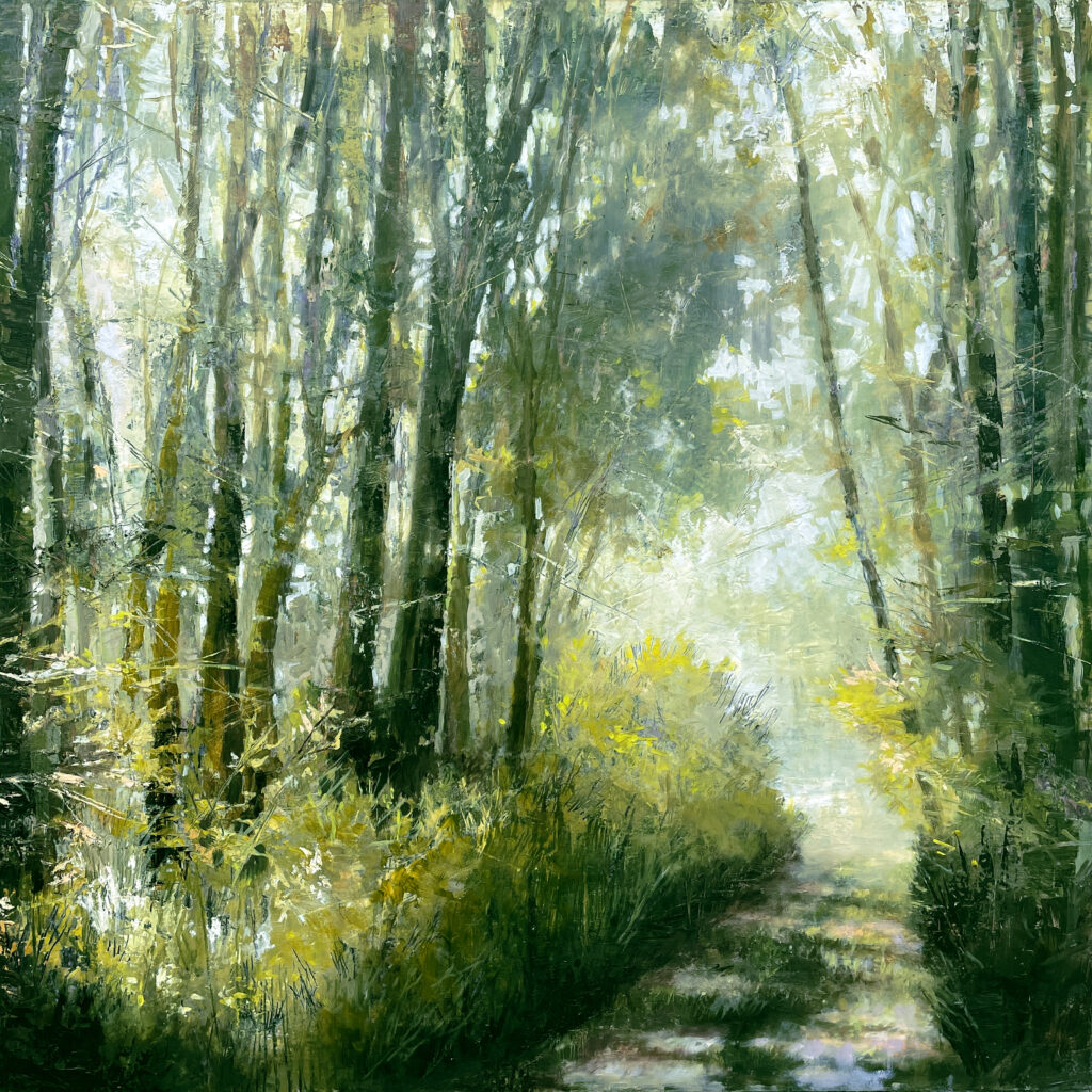 A painting of a path cutting through the forest