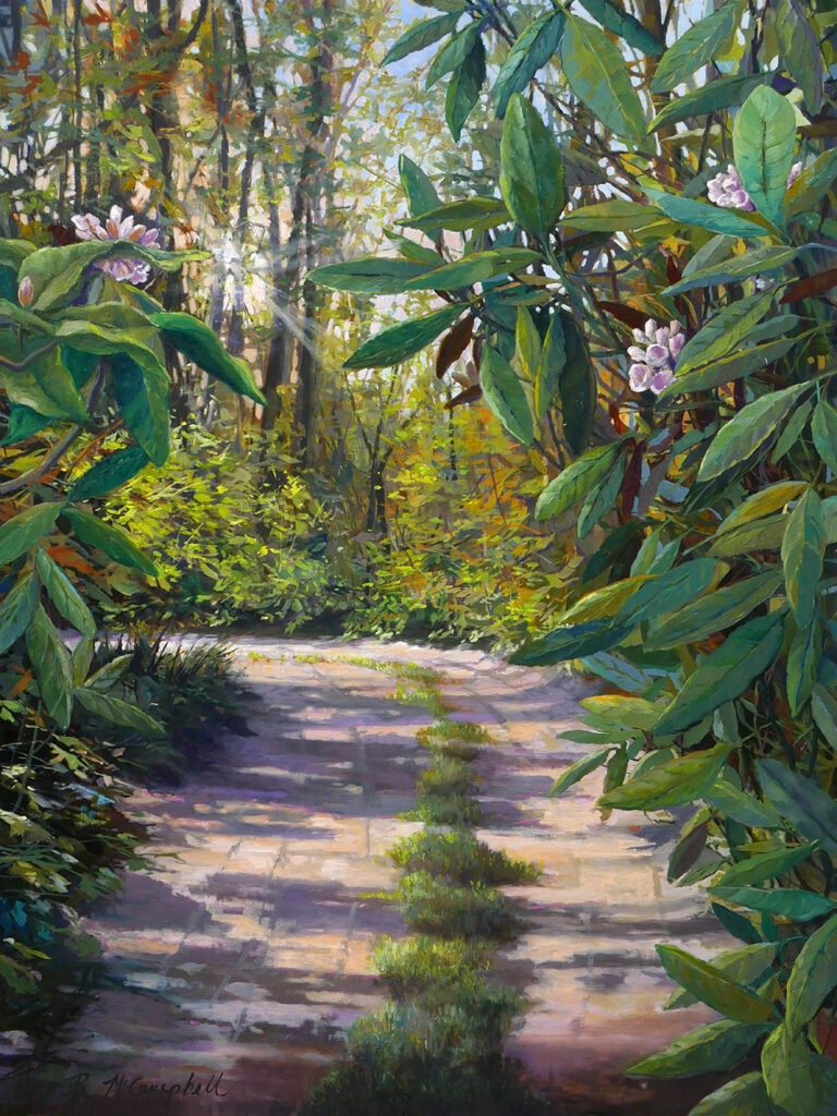 A painting of a forest path