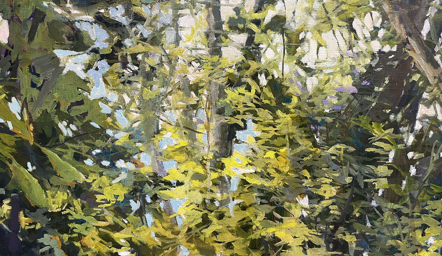 "Leiper's Creek in June--Detail of woods" 24" h x 36" w, Oil on Birch Panel by Rachael McCampbell © 2022