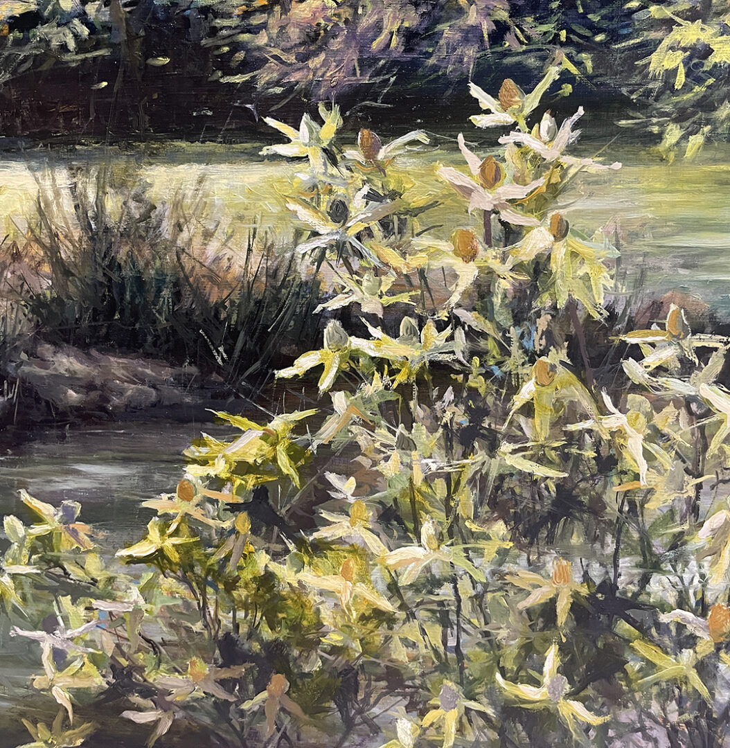 "Leiper's Creek in June-Detail of Flowers" 24" h x 36" w, Oil on Birch Panel by Rachael McCampbell © 2022