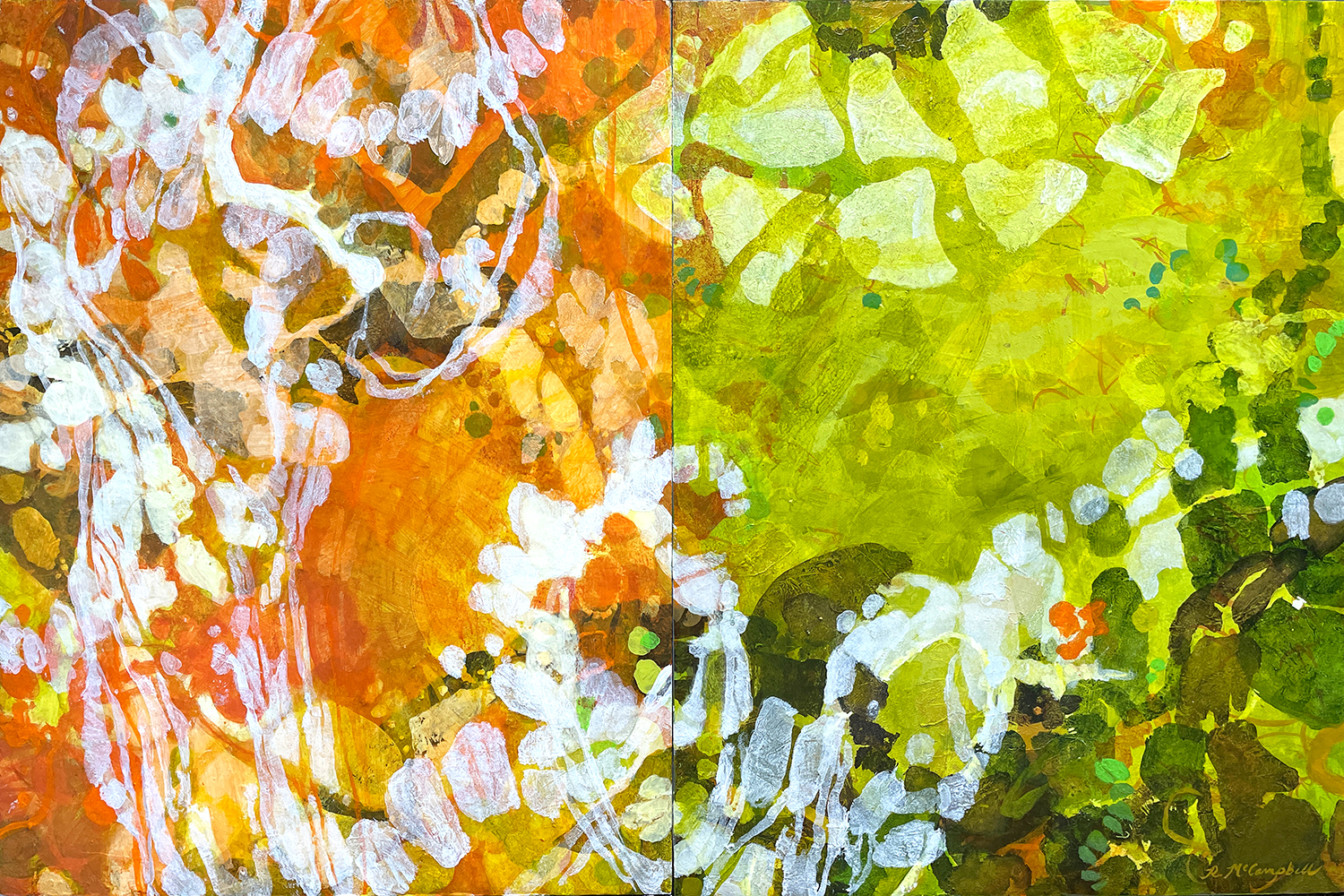 Midsummer's Dream, 24 x 36" w, acrylic and encaustic wax on panels, diptych, by Rachael McCampbell © 2022
