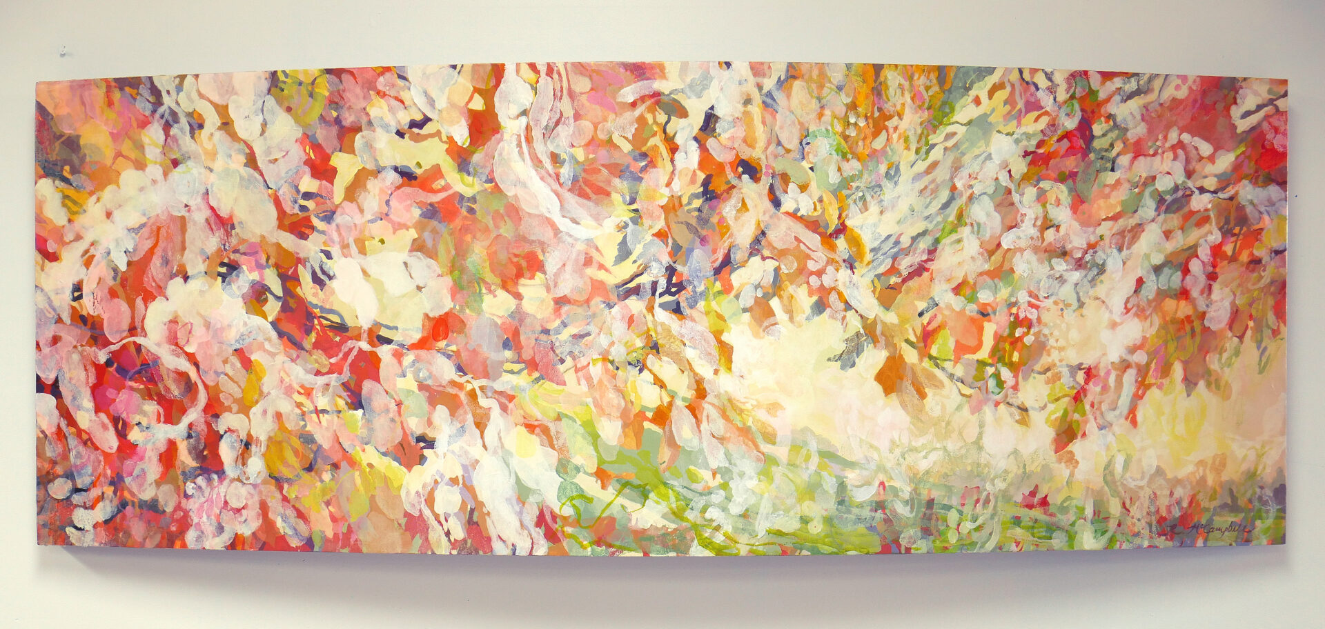 "New Day," 30" h x 84" w x 2" to 6" deep in the middle, acrylic and oil on cradled wood panel by Rachael McCampbell ©2023 