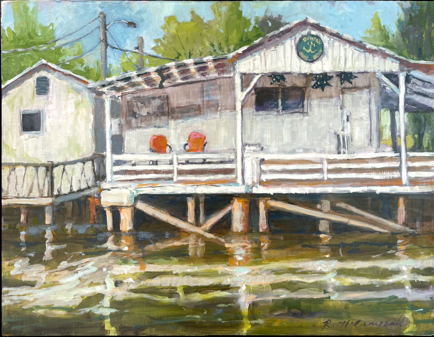 "Ben's Seat -- Duncan Boat Dock," 14" h x 18"w, Oil on  Birch Panel by Rachael McCampbell ©2023 SOLD 