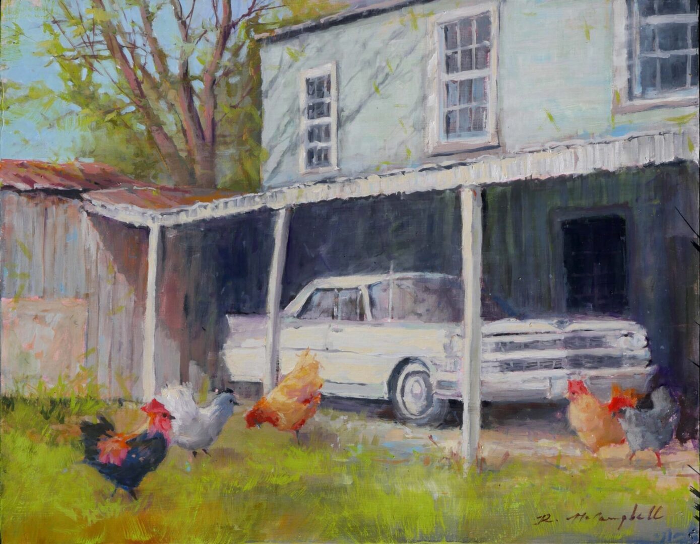"Coop de Cadillac," Oil on Birch Panel, 14" h x 18" w by Rachael McCampbell © 2023 SOLD