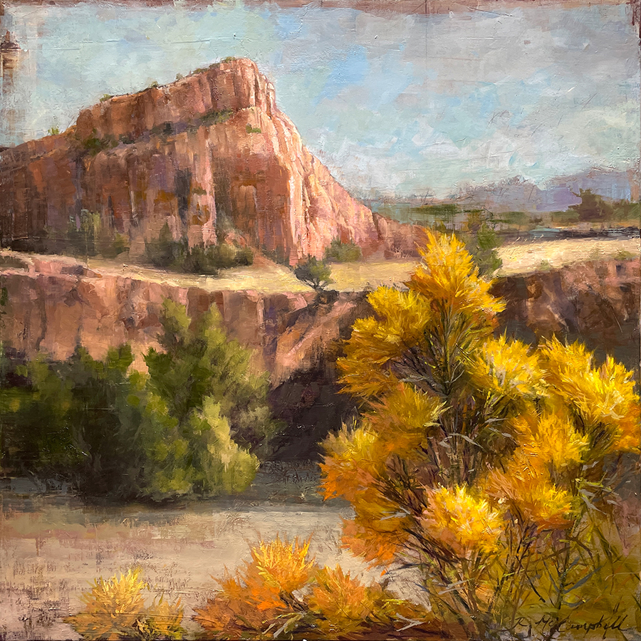 A Chamisa Day at Ghost Ranch, Oil on canvas, 24" x 24" by Rachael McCampbell © 2023