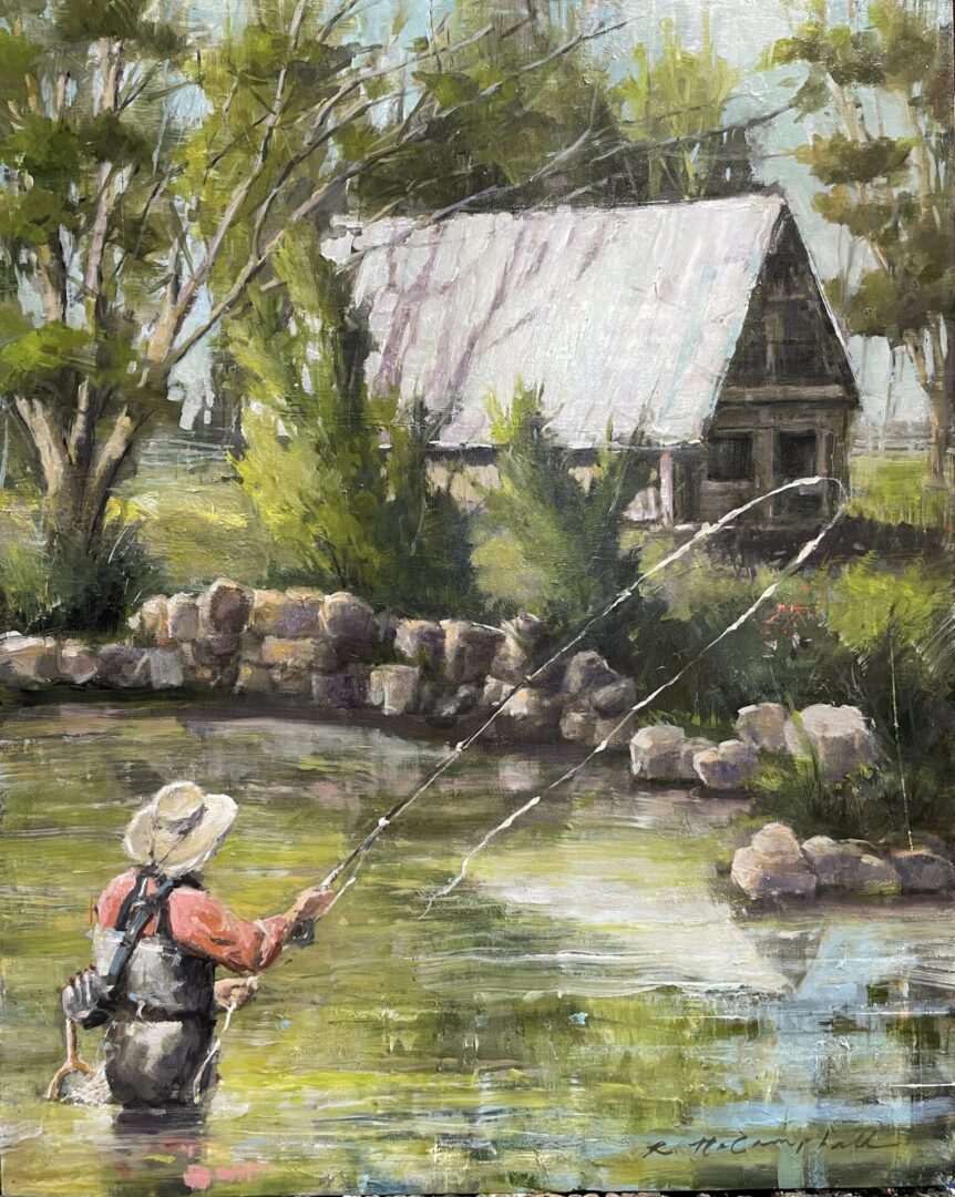 "Spring Fishin", Oil on cradled panel, 14" w x 18" h, by Rachael McCampbell © 2023