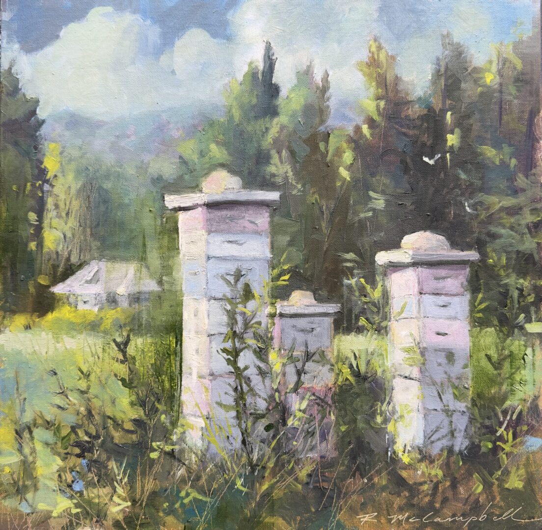 Plein Air Study of Beehives, Smoky Mountains, TN 9" x 12", oil on panel by Rachael McCampbell © 2023