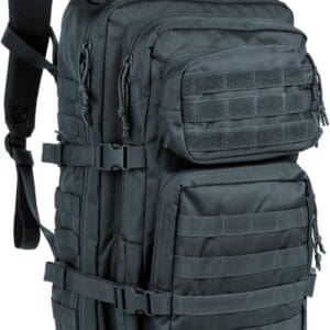 A black backpack with many pockets on it