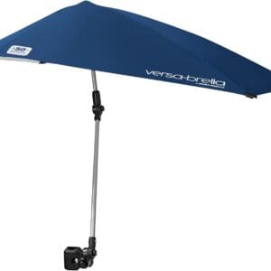 A blue umbrella with a black handle and a white logo.