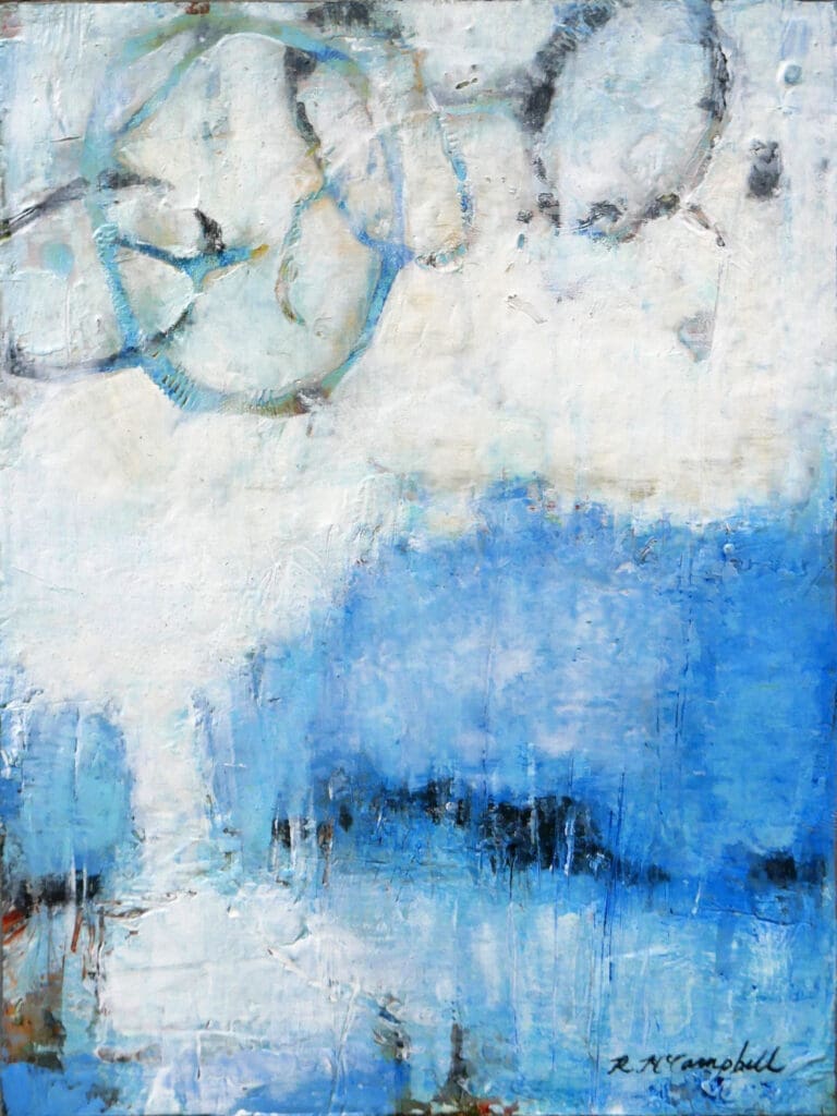 A painting of blue and white water