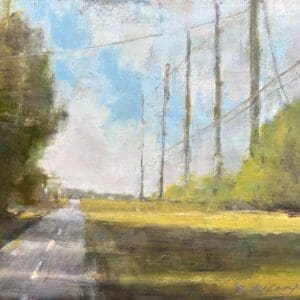 A painting of a road with power lines in the background.