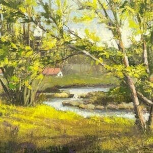 A painting of trees and water in the background