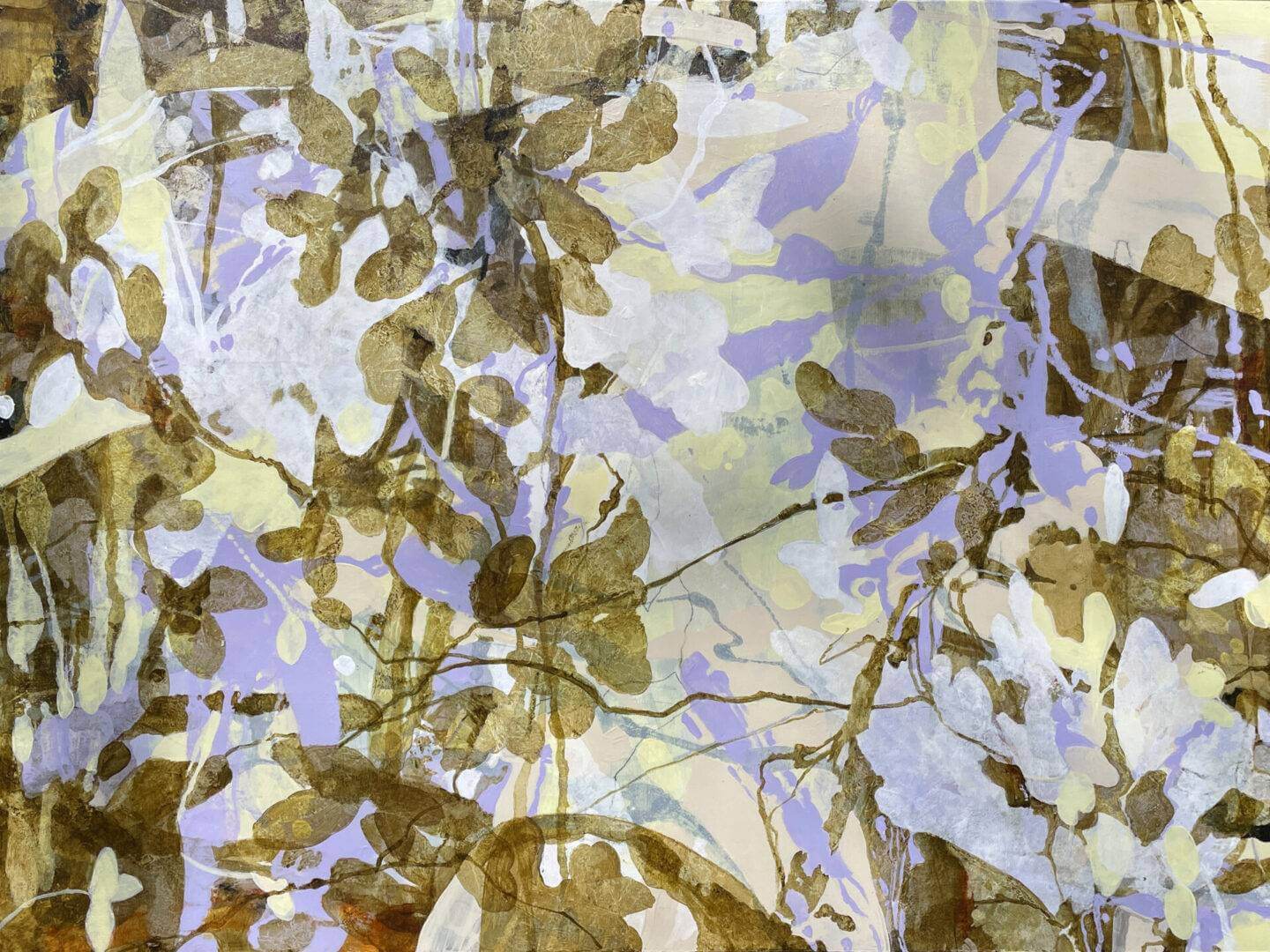 A painting of leaves and branches in shades of brown, green and white.