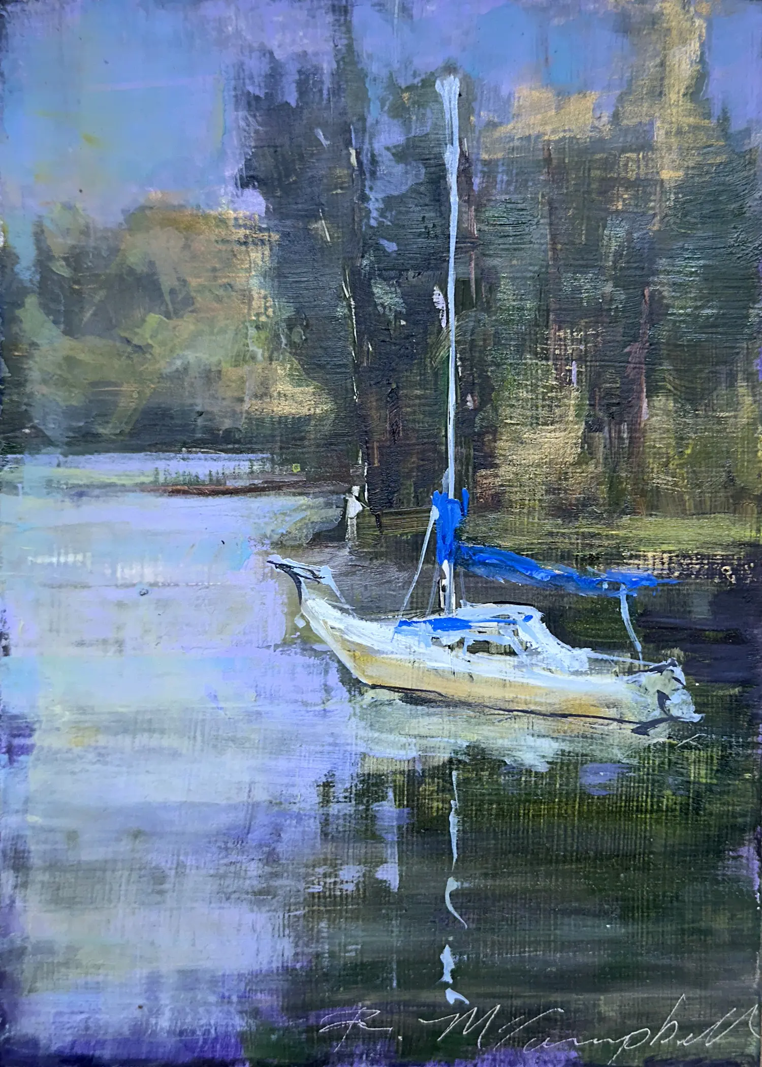 A painting of a boat on the water