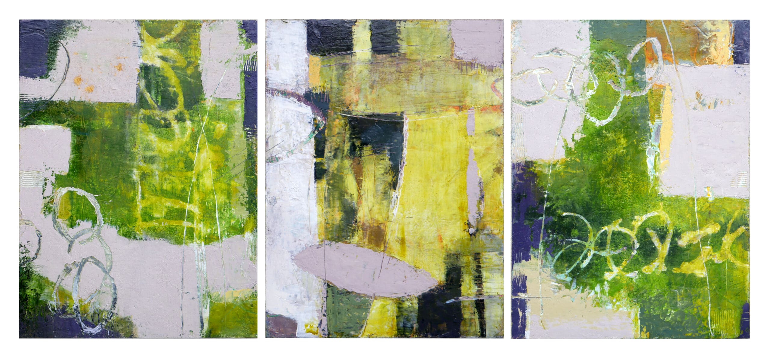 A triptych of paintings in yellow, green and white.