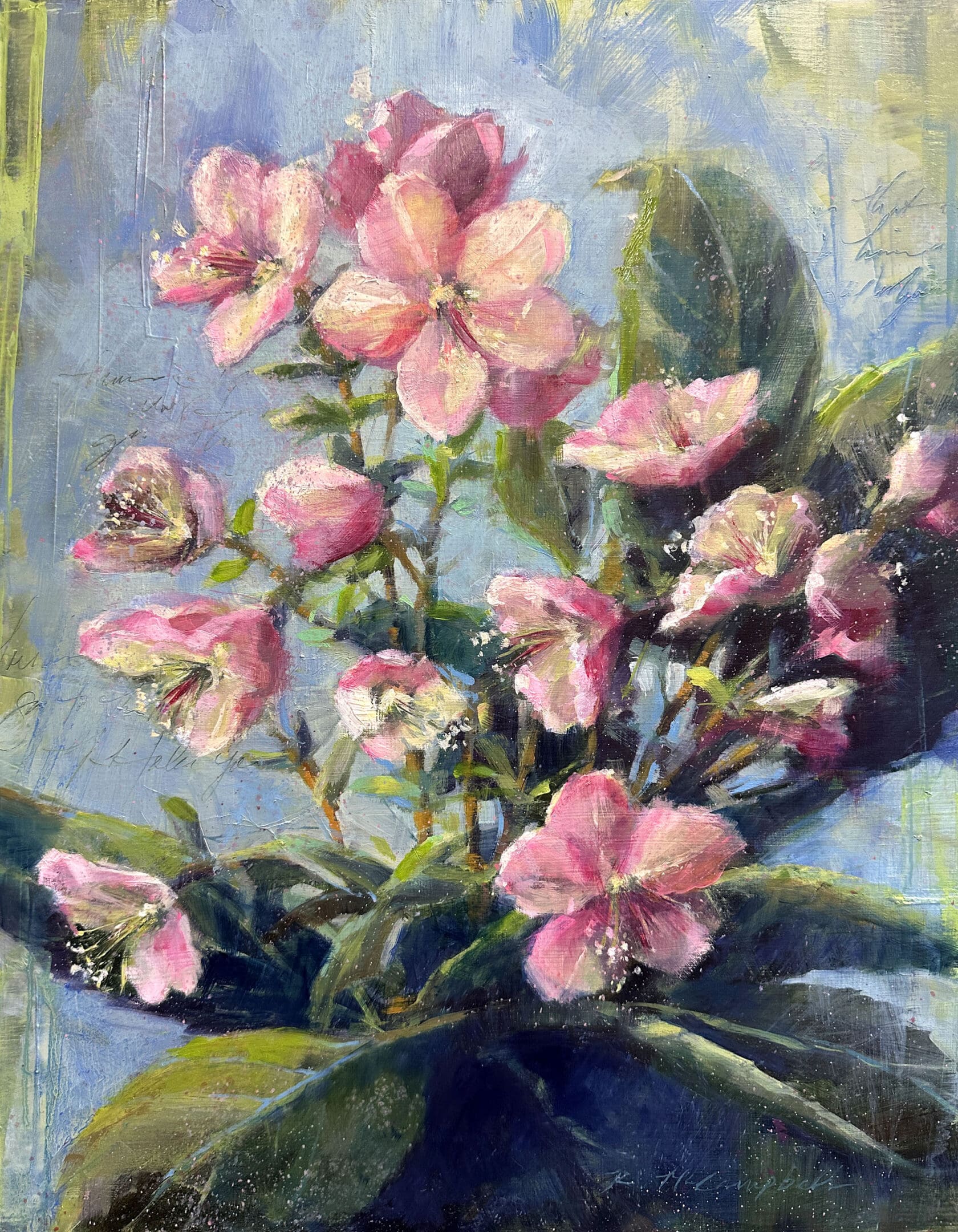 A painting of pink flowers in a vase