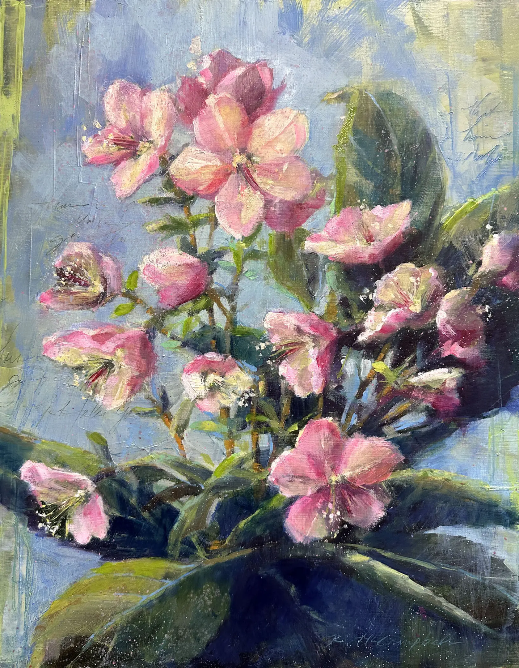 A painting of pink flowers in a vase