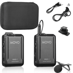 A pair of microphones and accessories in a case.