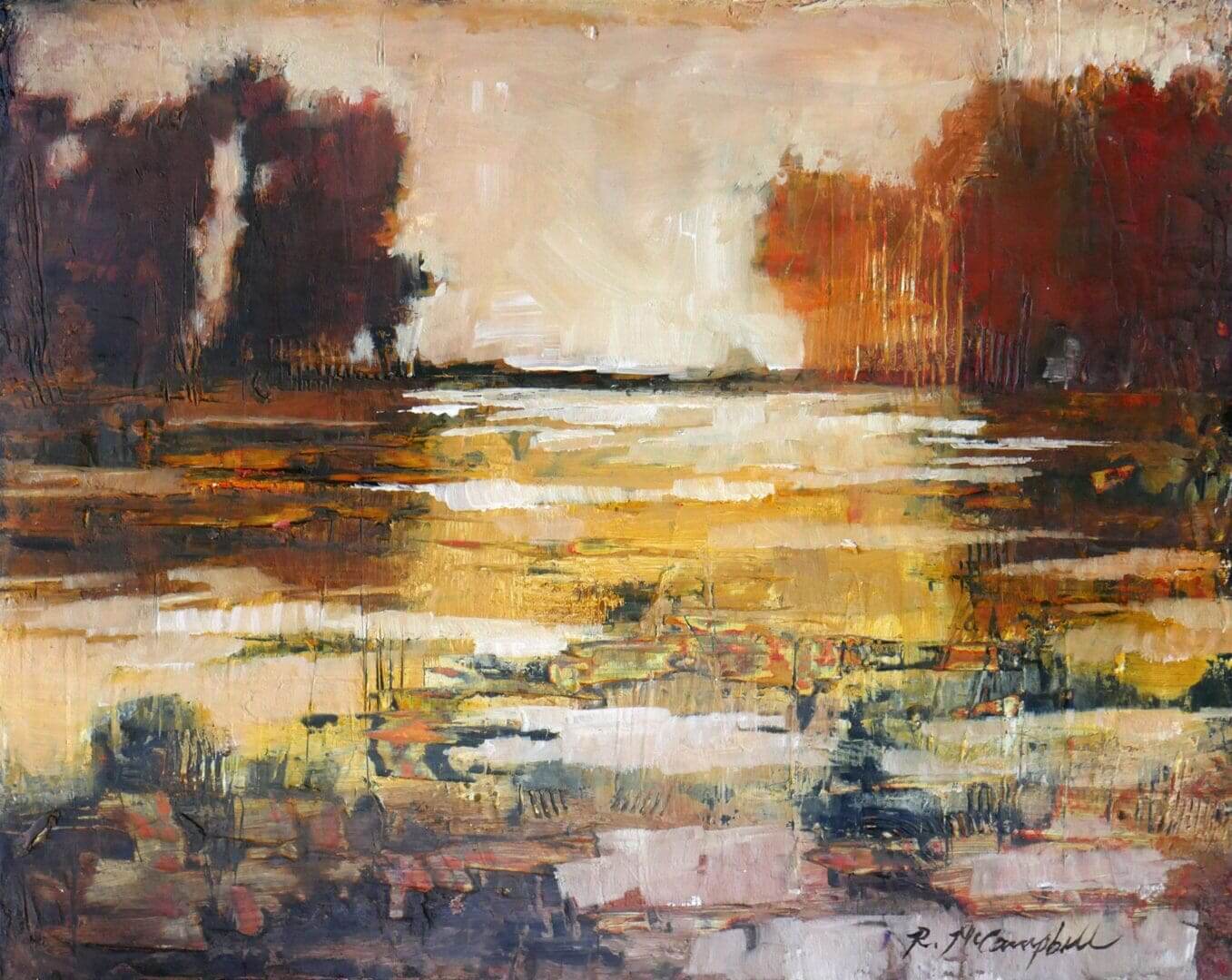 Abstract landscape painting with warm autumn colors and reflective water.