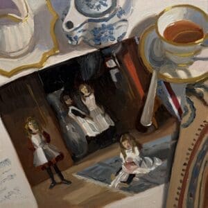 A surreal scene with people descending into a dark, mysterious space beneath a tea set.