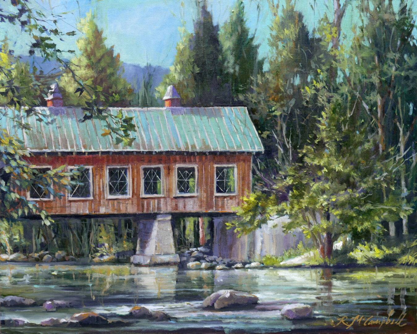 A covered bridge painting